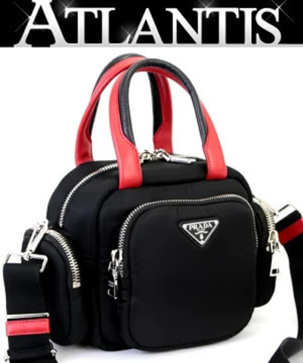 Prada Triangle Multi Pocket Shoulder Handbag Black Red